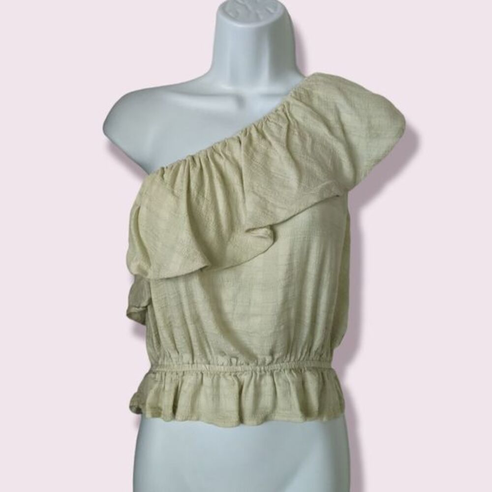 AE Muted Green Gauze One Shoulder Ruffles Flirty Top Size M Measurements 👇